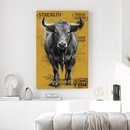 Monochrome bull street art with yellow background and motivational text wall art.
