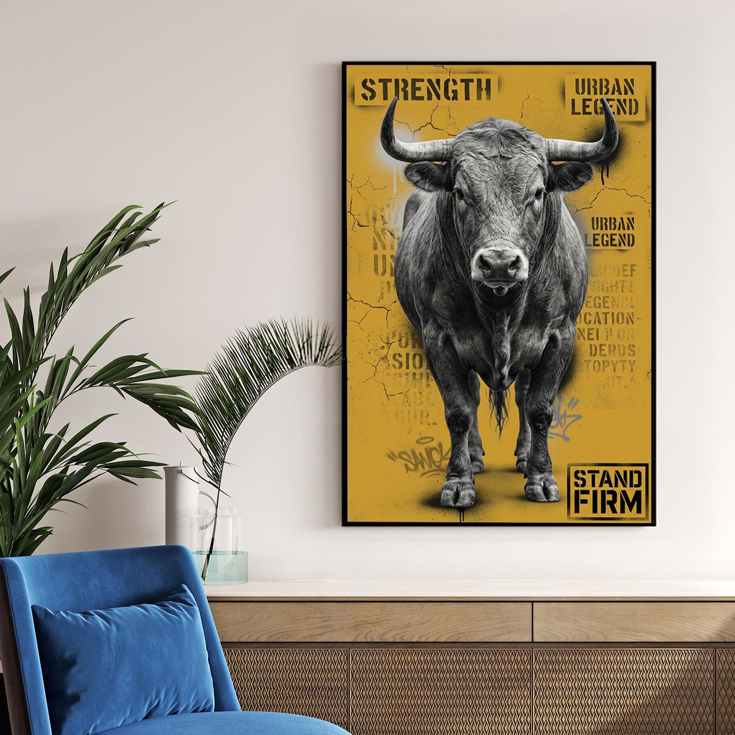 Monochrome bull street art with yellow background and motivational text wall art.