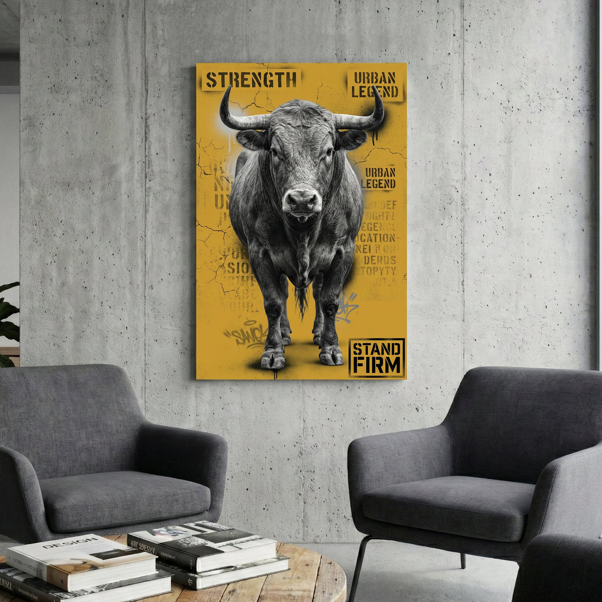 Monochrome bull street art with yellow background and motivational text wall art.