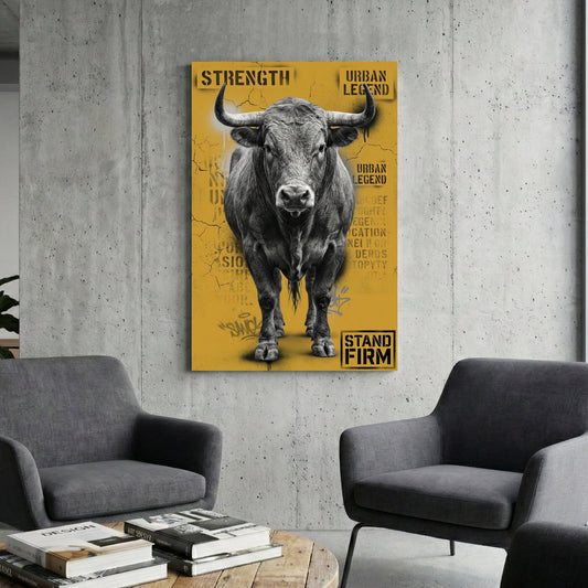 Monochrome bull street art with yellow background and motivational text wall art.