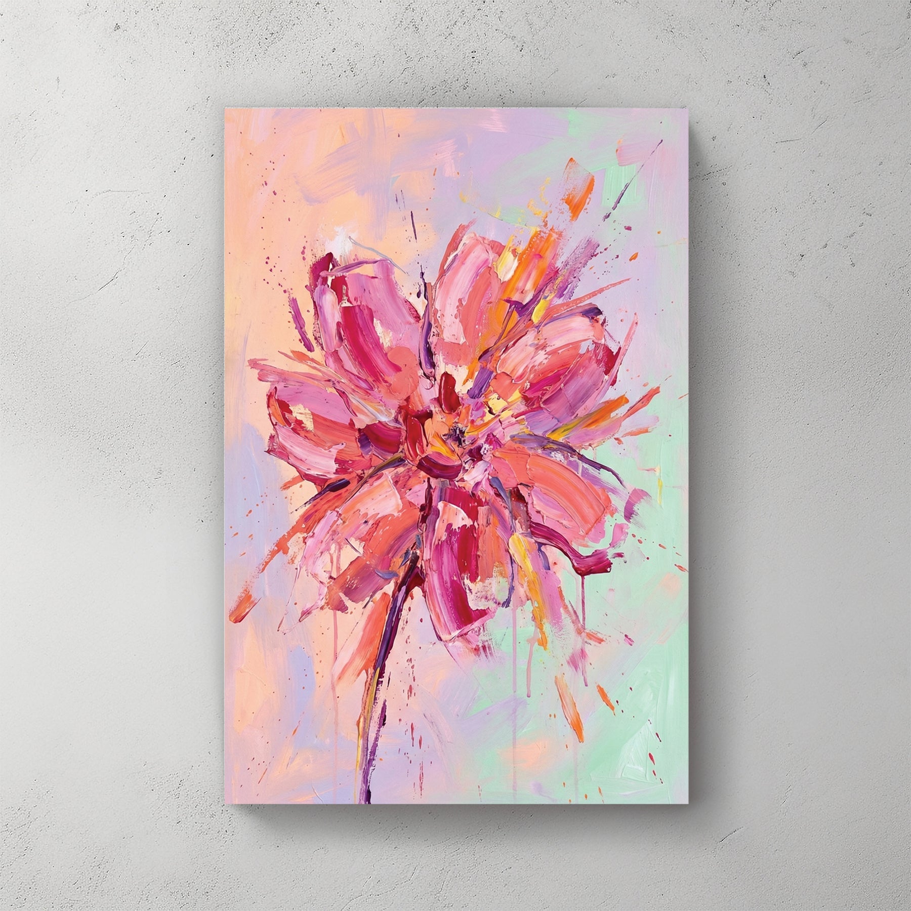 Expressionism Abstract Pink Flower wall art with fuchsia and pastel tones.