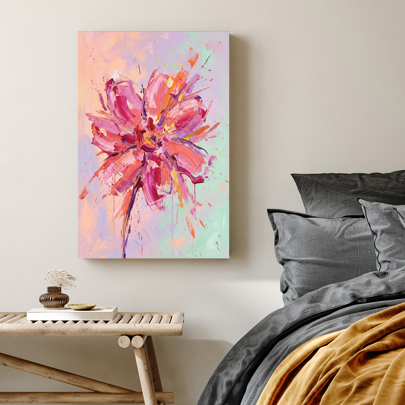 Expressionism Abstract Pink Flower wall art with fuchsia and pastel tones.