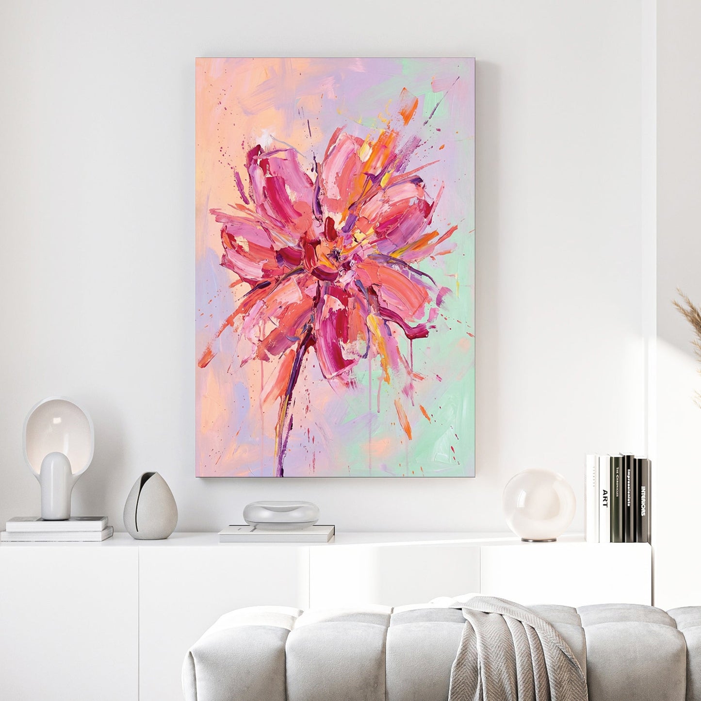 Expressionism Abstract Pink Flower wall art with fuchsia and pastel tones.