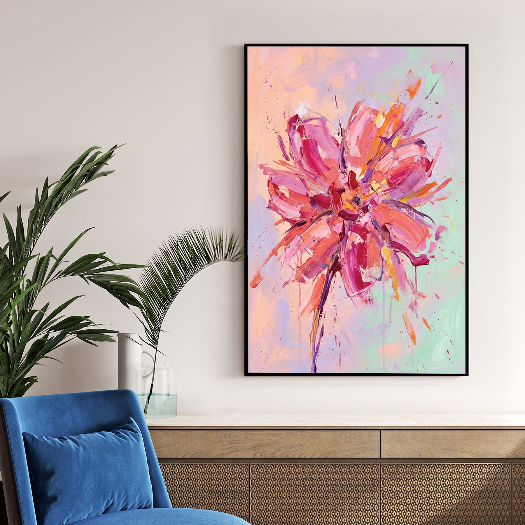 Expressionism Abstract Pink Flower wall art with fuchsia and pastel tones.