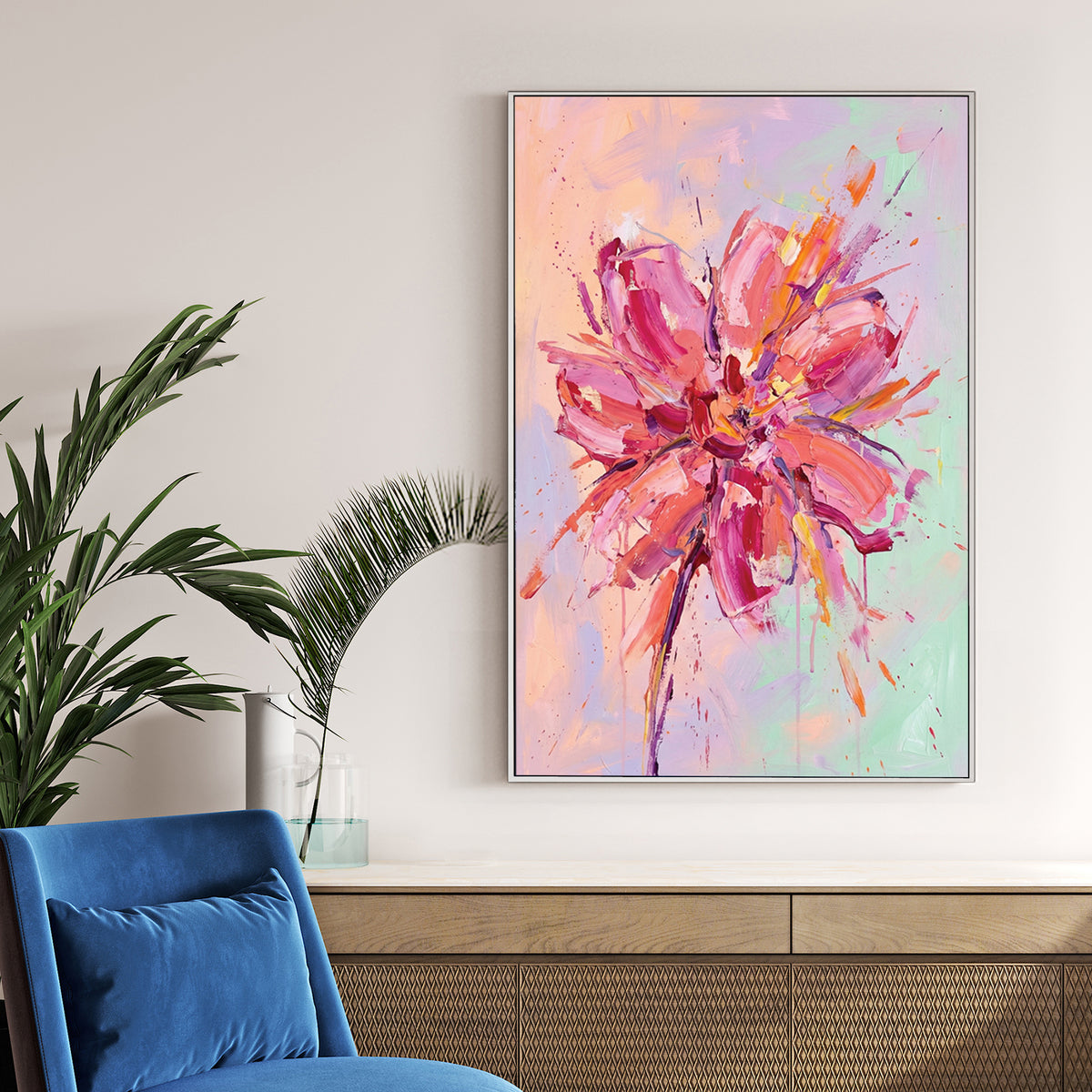 Expressionism Abstract Pink Flower wall art with fuchsia and pastel tones.