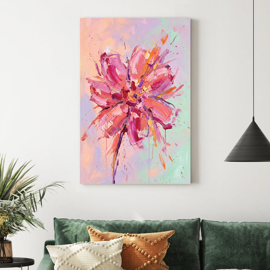 Expressionism Abstract Pink Flower wall art with fuchsia and pastel tones.