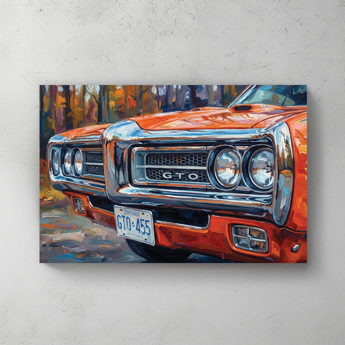 Impressionist painting of an orange 1970 Pontiac GTO front grille wall art.