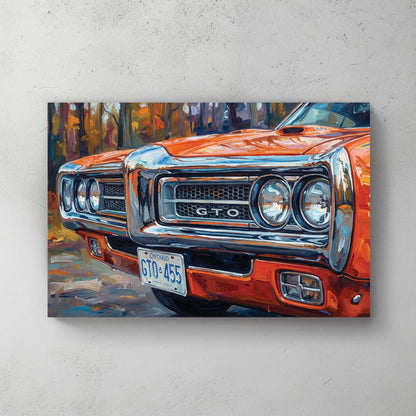 Impressionist painting of an orange 1970 Pontiac GTO front grille wall art.