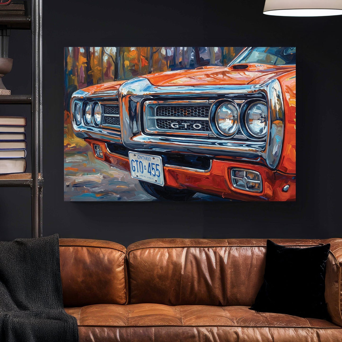 Impressionist painting of an orange 1970 Pontiac GTO front grille wall art.
