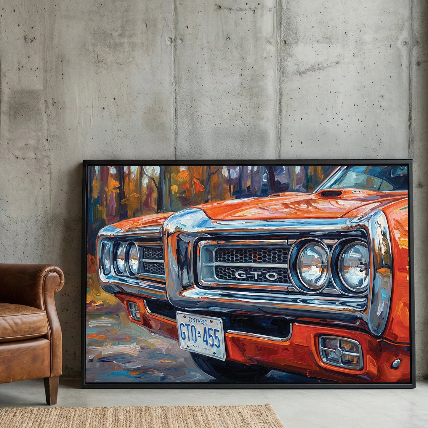 Impressionist painting of an orange 1970 Pontiac GTO front grille wall art.