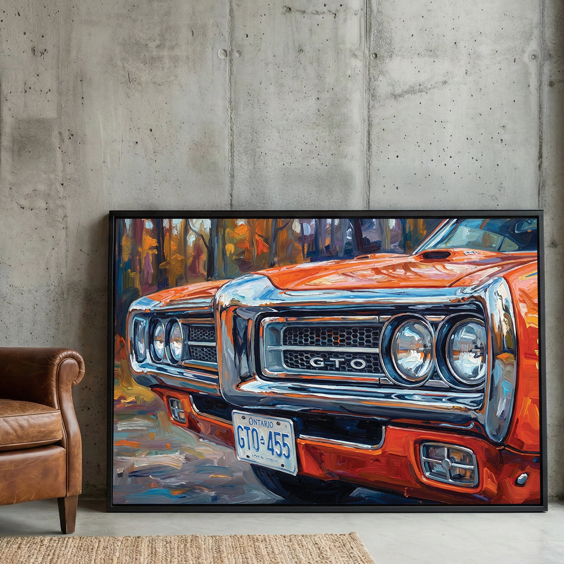 Impressionist painting of an orange 1970 Pontiac GTO front grille wall art.