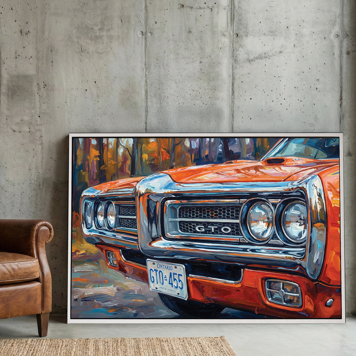 Impressionist painting of an orange 1970 Pontiac GTO front grille wall art.