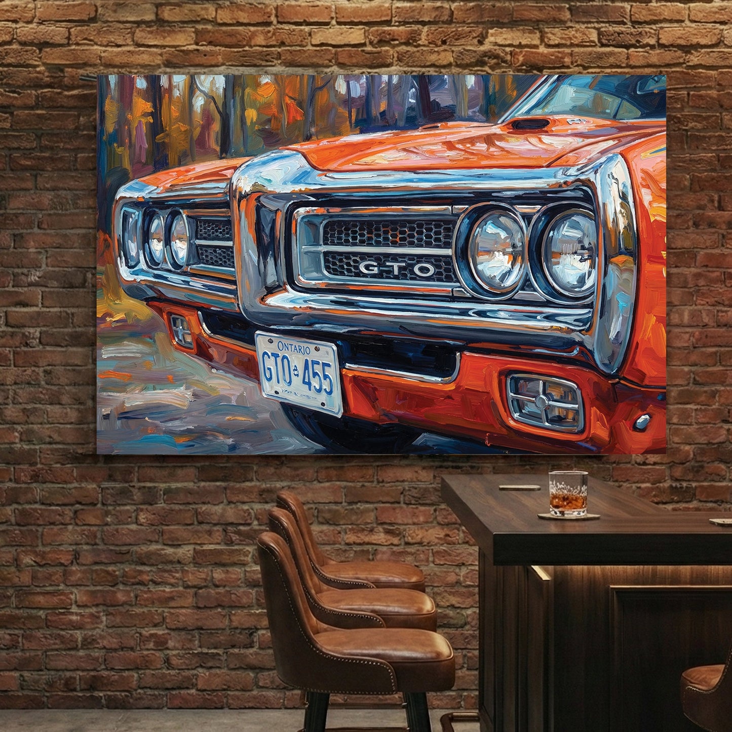 Impressionist painting of an orange 1970 Pontiac GTO front grille wall art.