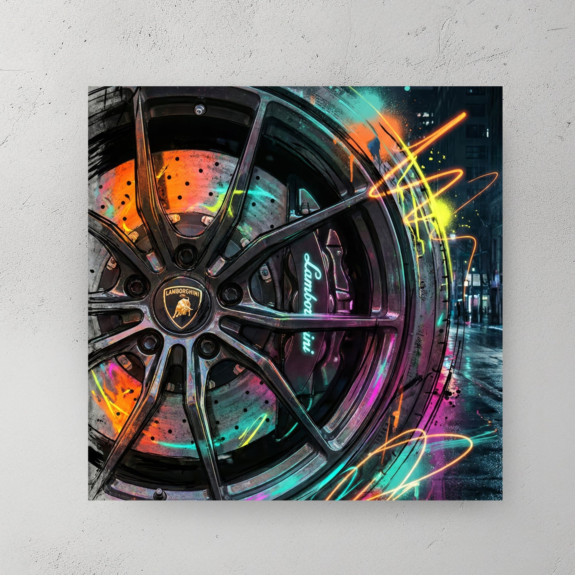 Lamborghini wheel with neon graffiti and street art details wall art.