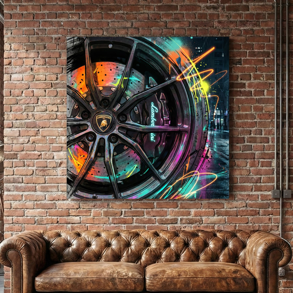 Lamborghini wheel with neon graffiti and street art details wall art.