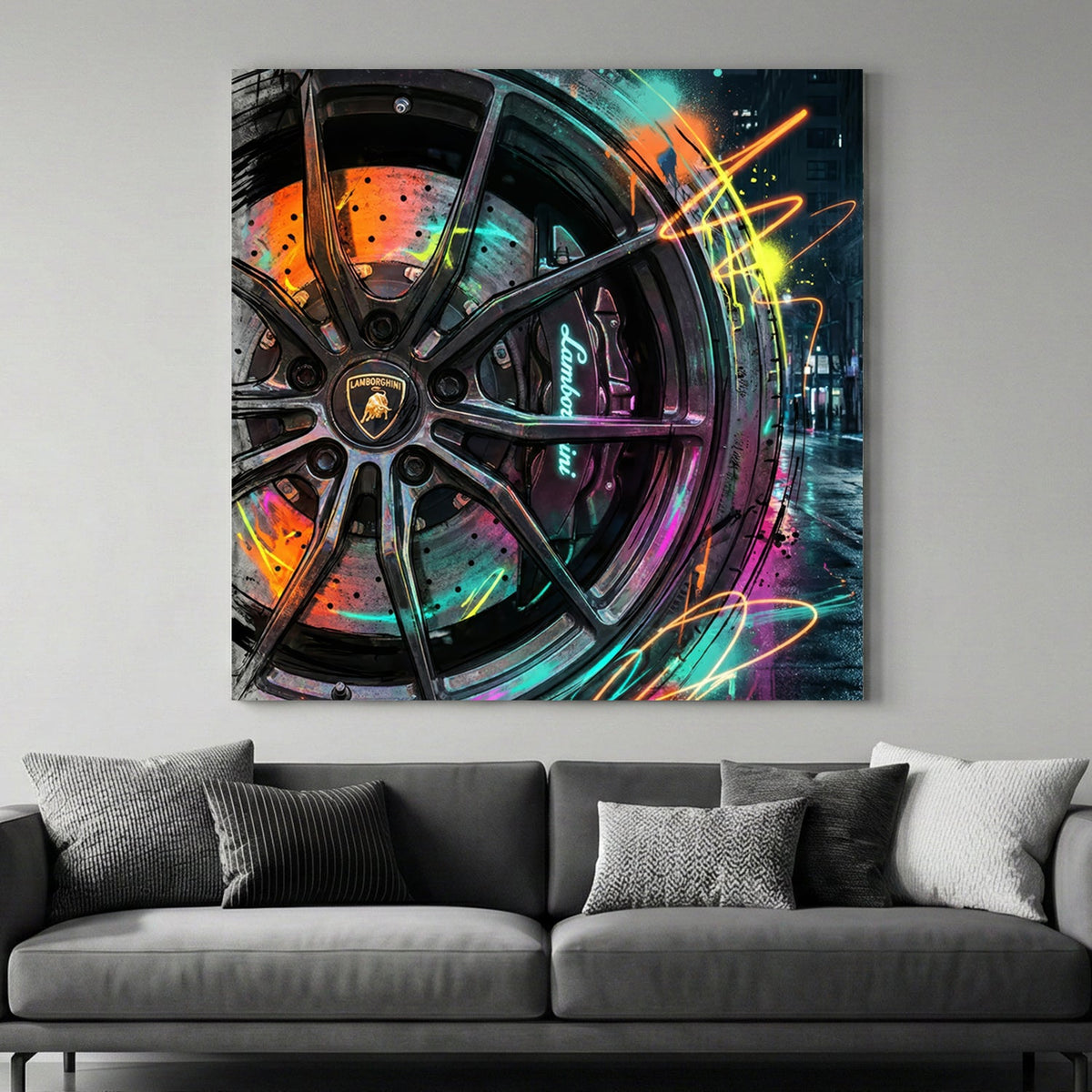 Lamborghini wheel with neon graffiti and street art details wall art.