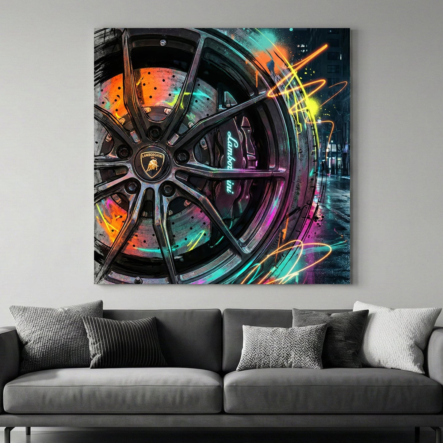 Lamborghini wheel with neon graffiti and street art details wall art.