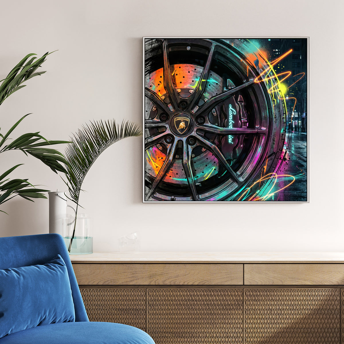 Lamborghini wheel with neon graffiti and street art details wall art.