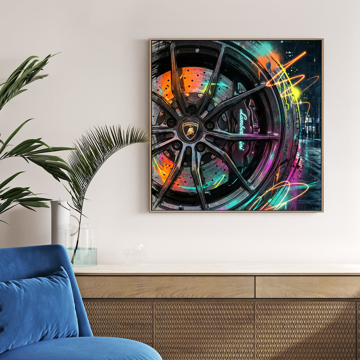 Lamborghini wheel with neon graffiti and street art details wall art.