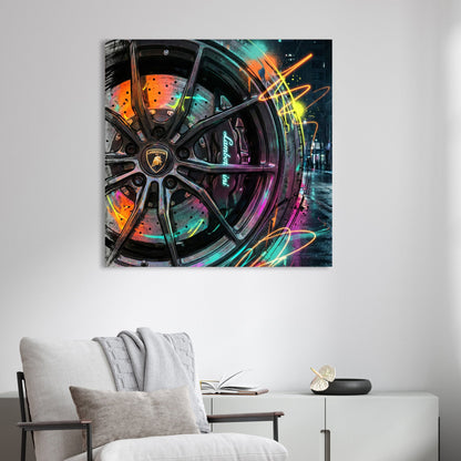 Lamborghini wheel with neon graffiti and street art details wall art.