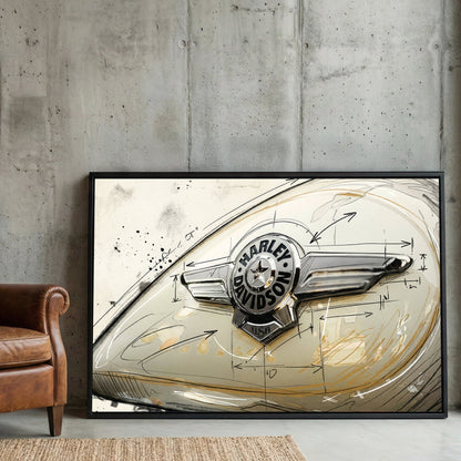Vintage Harley-Davidson motorcycle tank badge illustration wall art