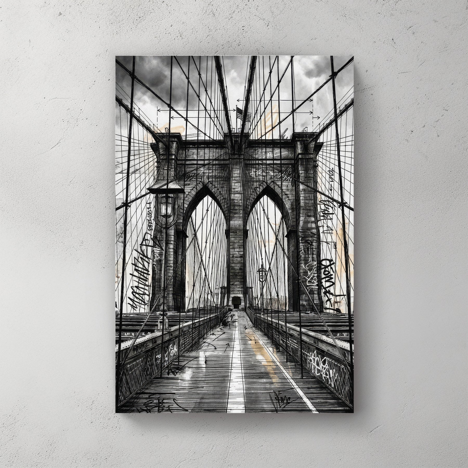 Sketch of the Brooklyn Bridge with graffiti and urban architectural details wall art.