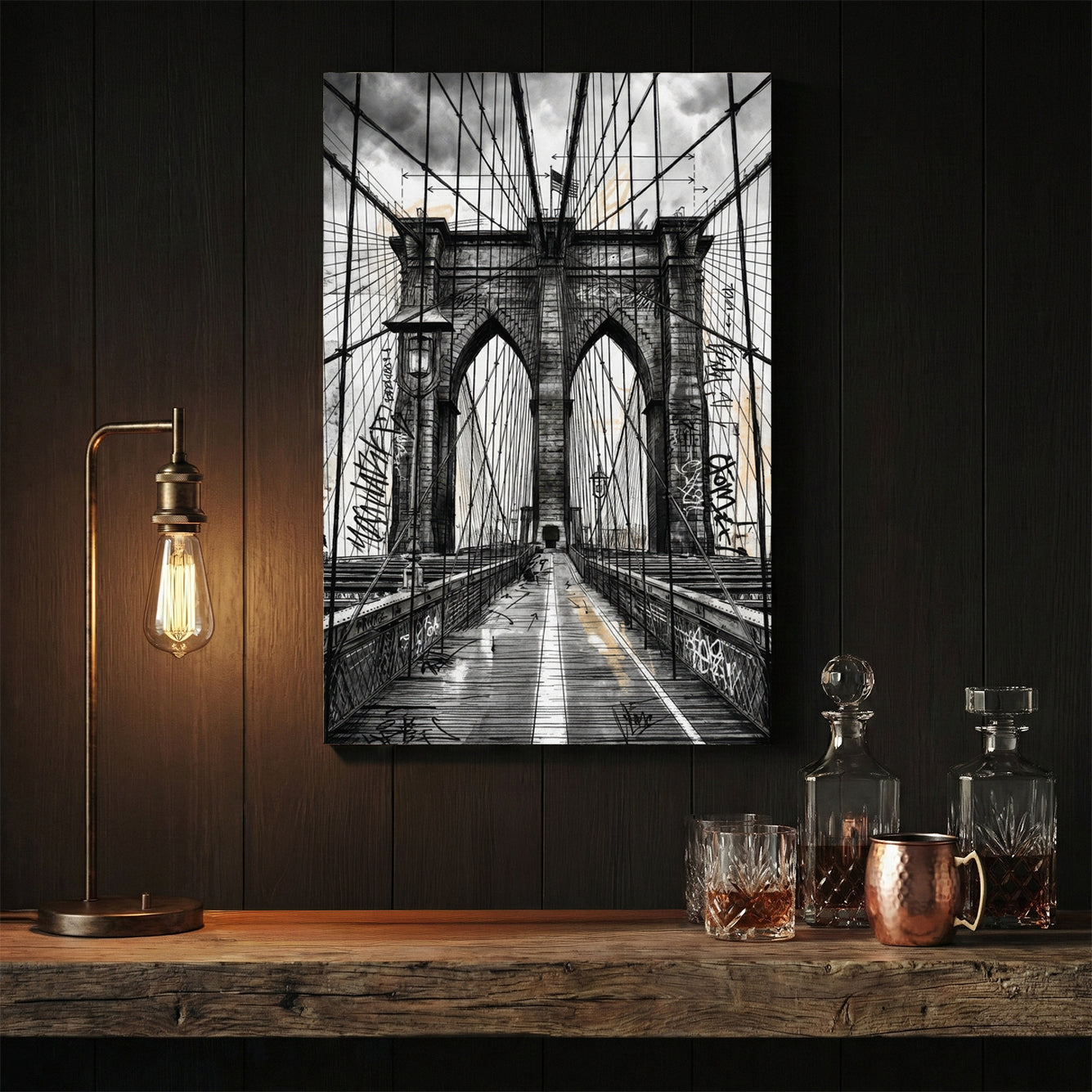 Sketch of the Brooklyn Bridge with graffiti and urban architectural details wall art.