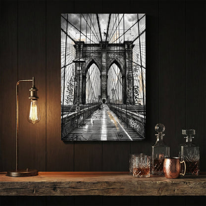 Sketch of the Brooklyn Bridge with graffiti and urban architectural details wall art.