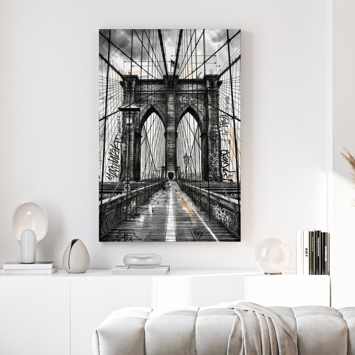 Sketch of the Brooklyn Bridge with graffiti and urban architectural details wall art.