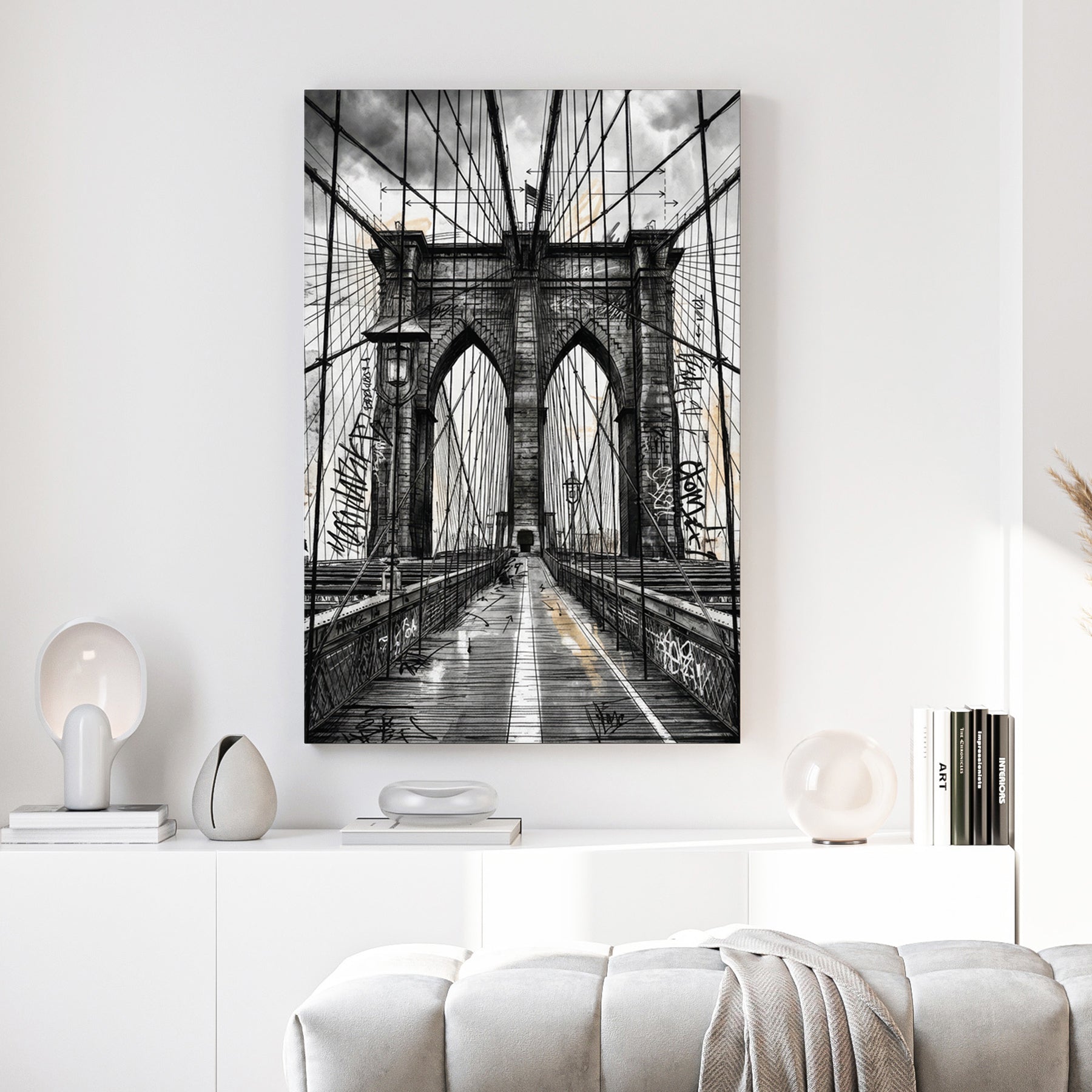 Sketch of the Brooklyn Bridge with graffiti and urban architectural details wall art.
