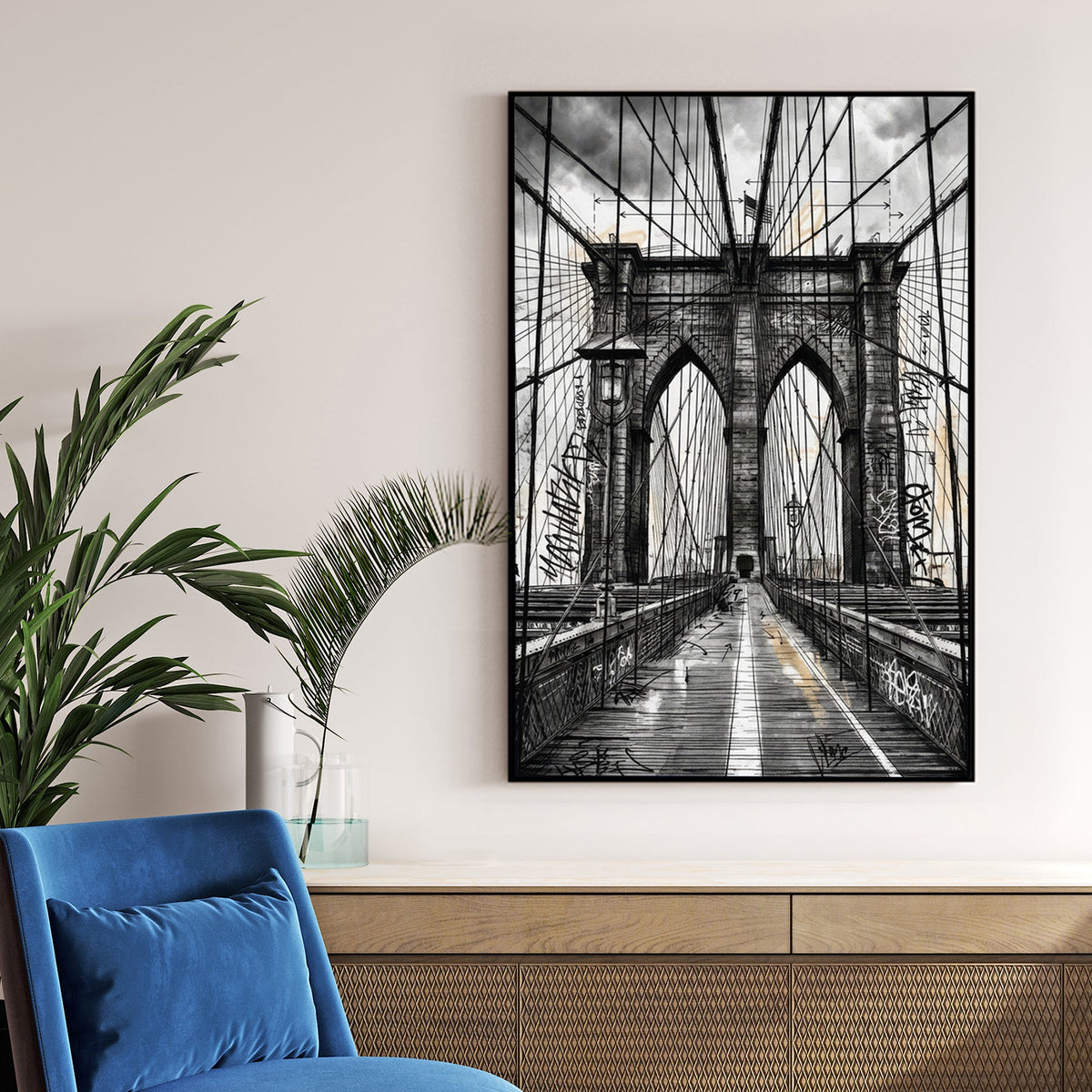 Sketch of the Brooklyn Bridge with graffiti and urban architectural details wall art.