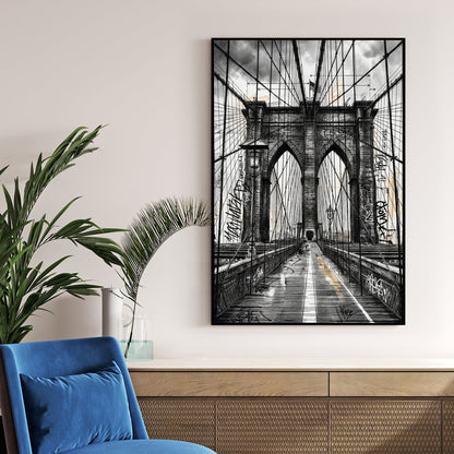 Sketch of the Brooklyn Bridge with graffiti and urban architectural details wall art.