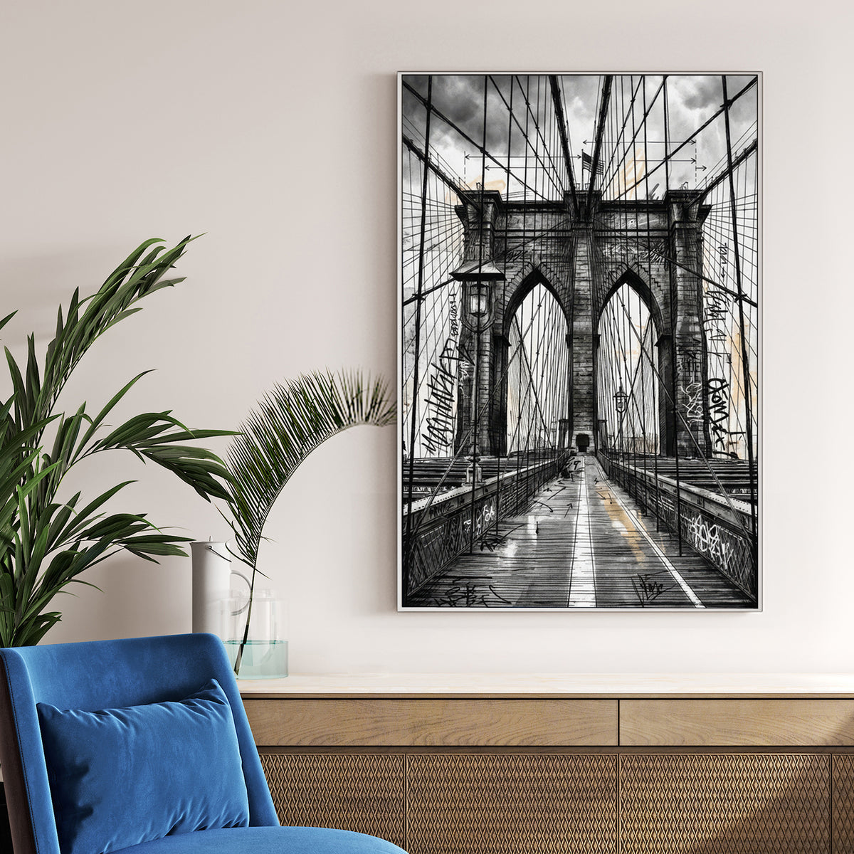 Sketch of the Brooklyn Bridge with graffiti and urban architectural details wall art.