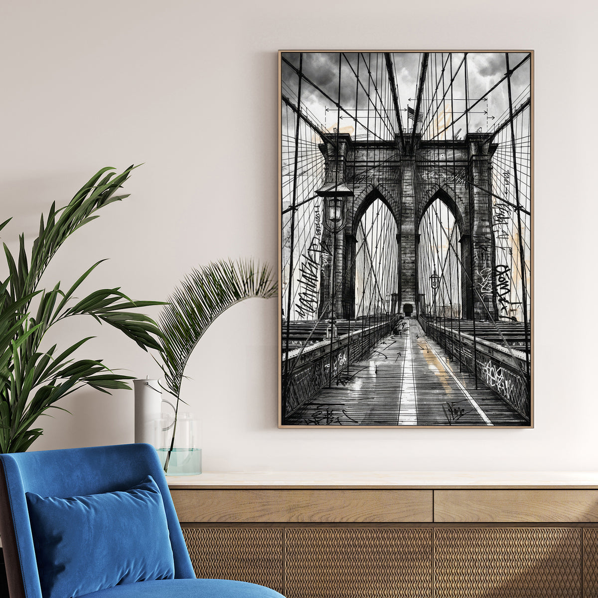 Sketch of the Brooklyn Bridge with graffiti and urban architectural details wall art.