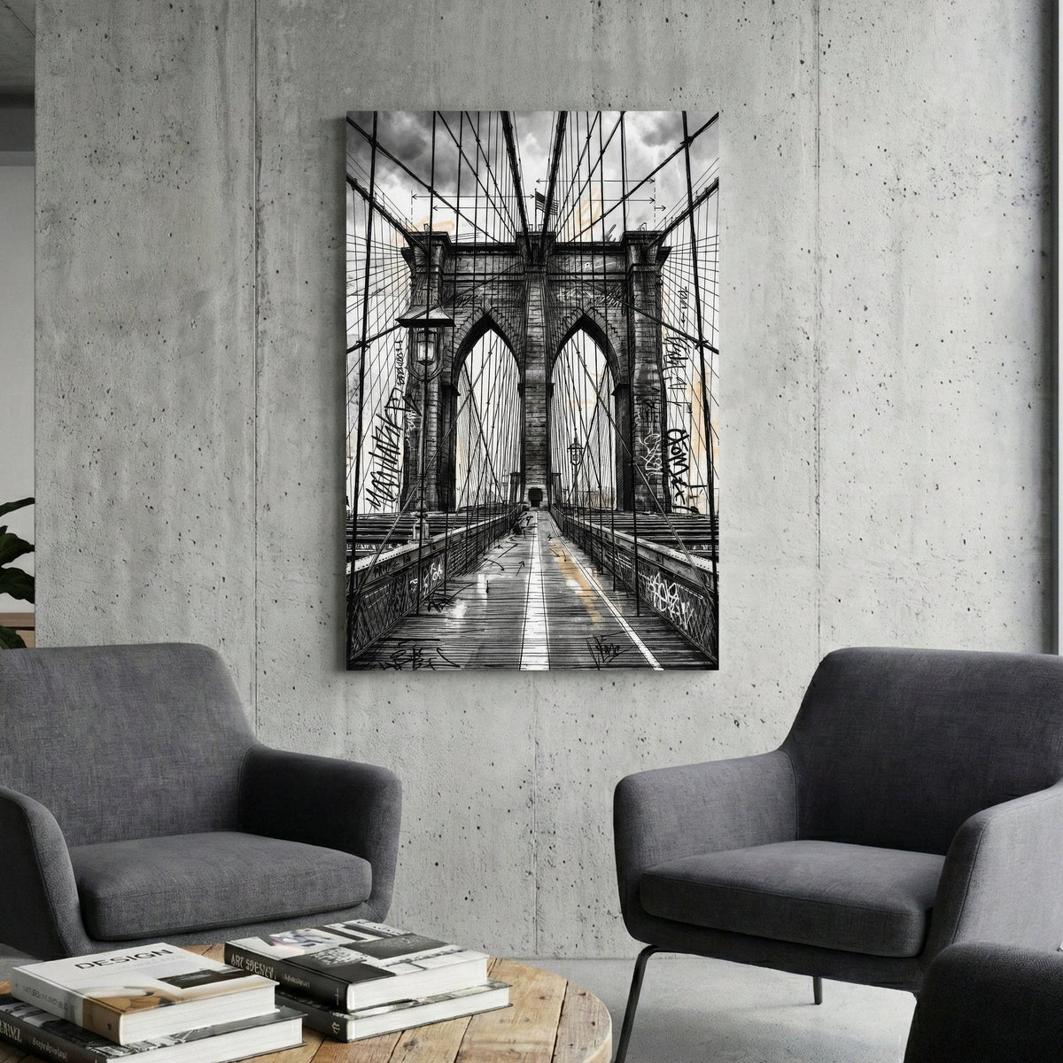 Sketch of the Brooklyn Bridge with graffiti and urban architectural details wall art.
