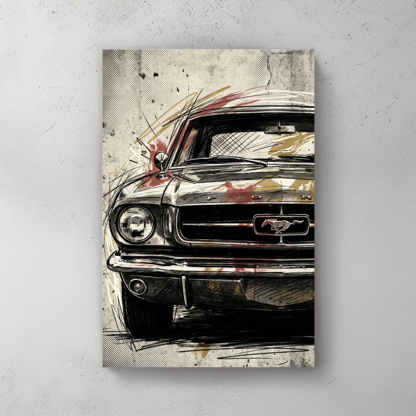 Vintage Ford Mustang street art wall art illustration with black ink and halftone patterns.