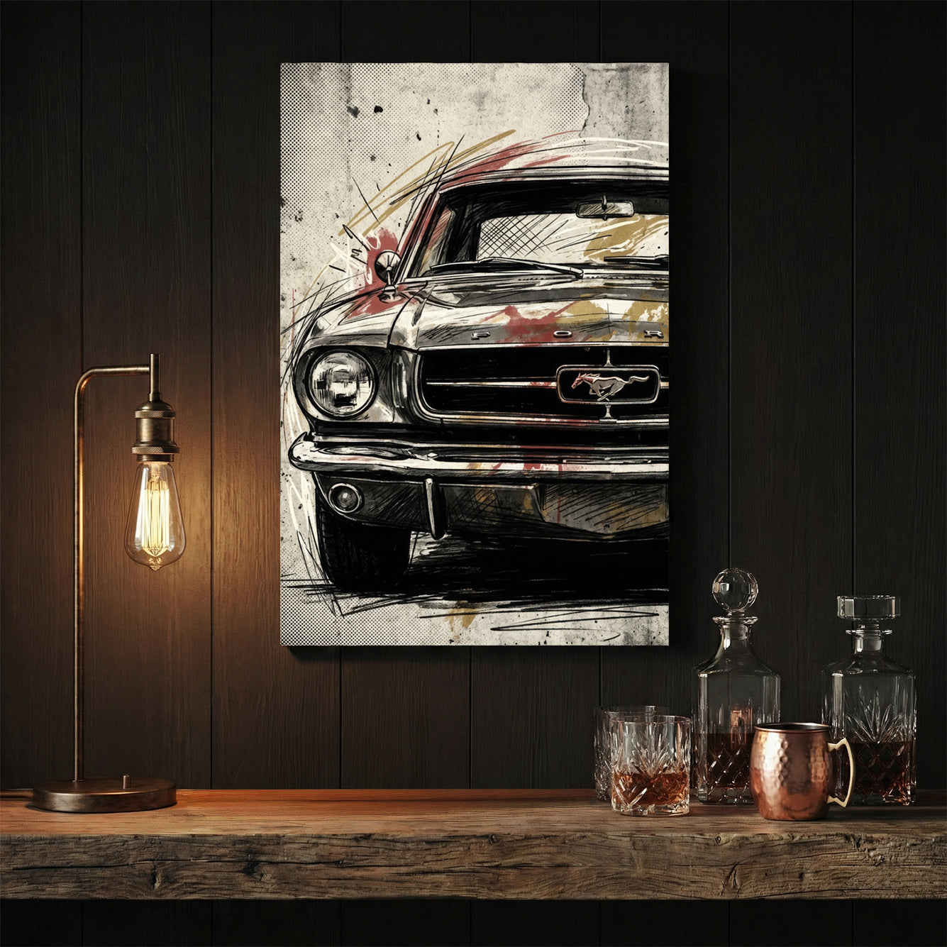 Vintage Ford Mustang street art wall art illustration with black ink and halftone patterns.