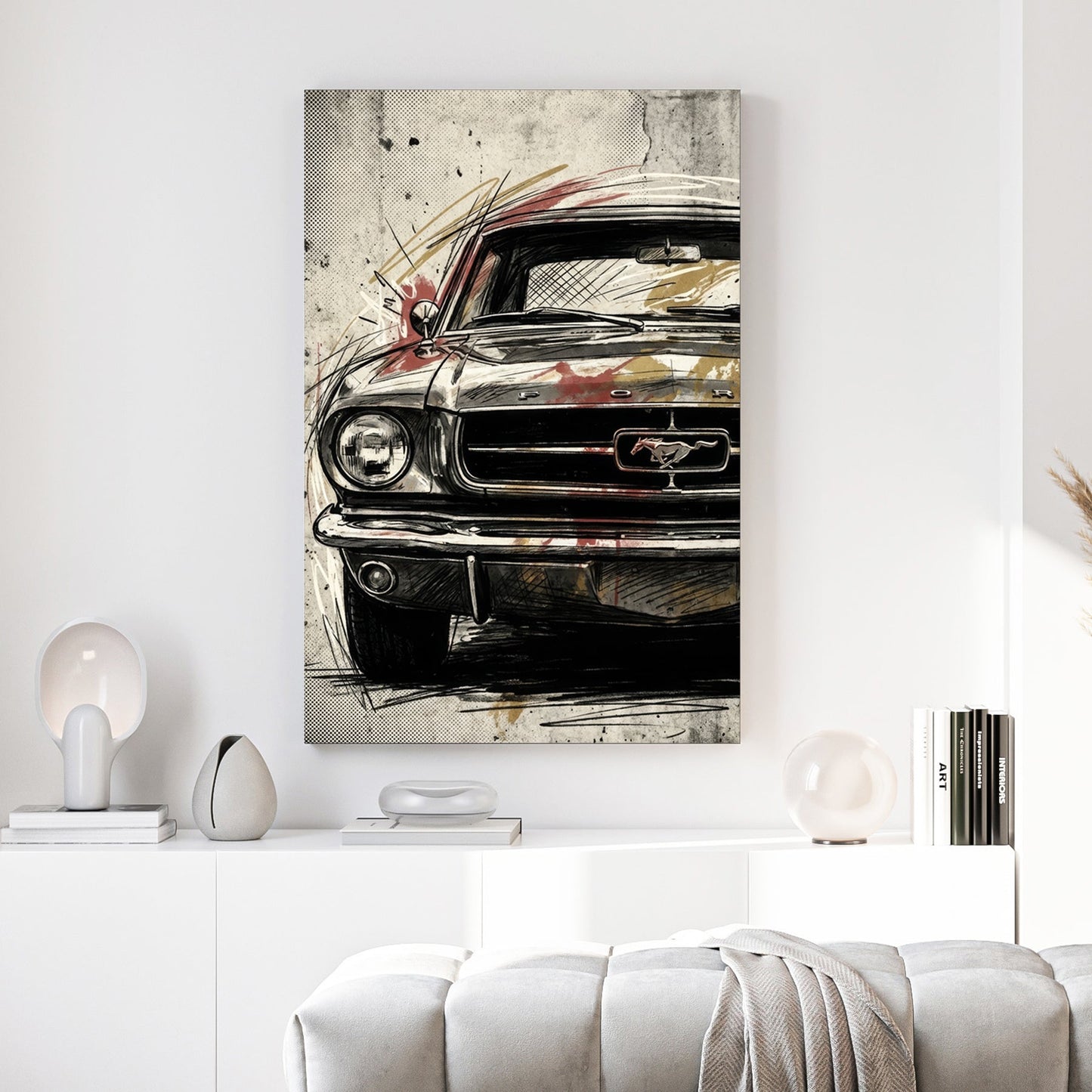 Vintage Ford Mustang street art wall art illustration with black ink and halftone patterns.