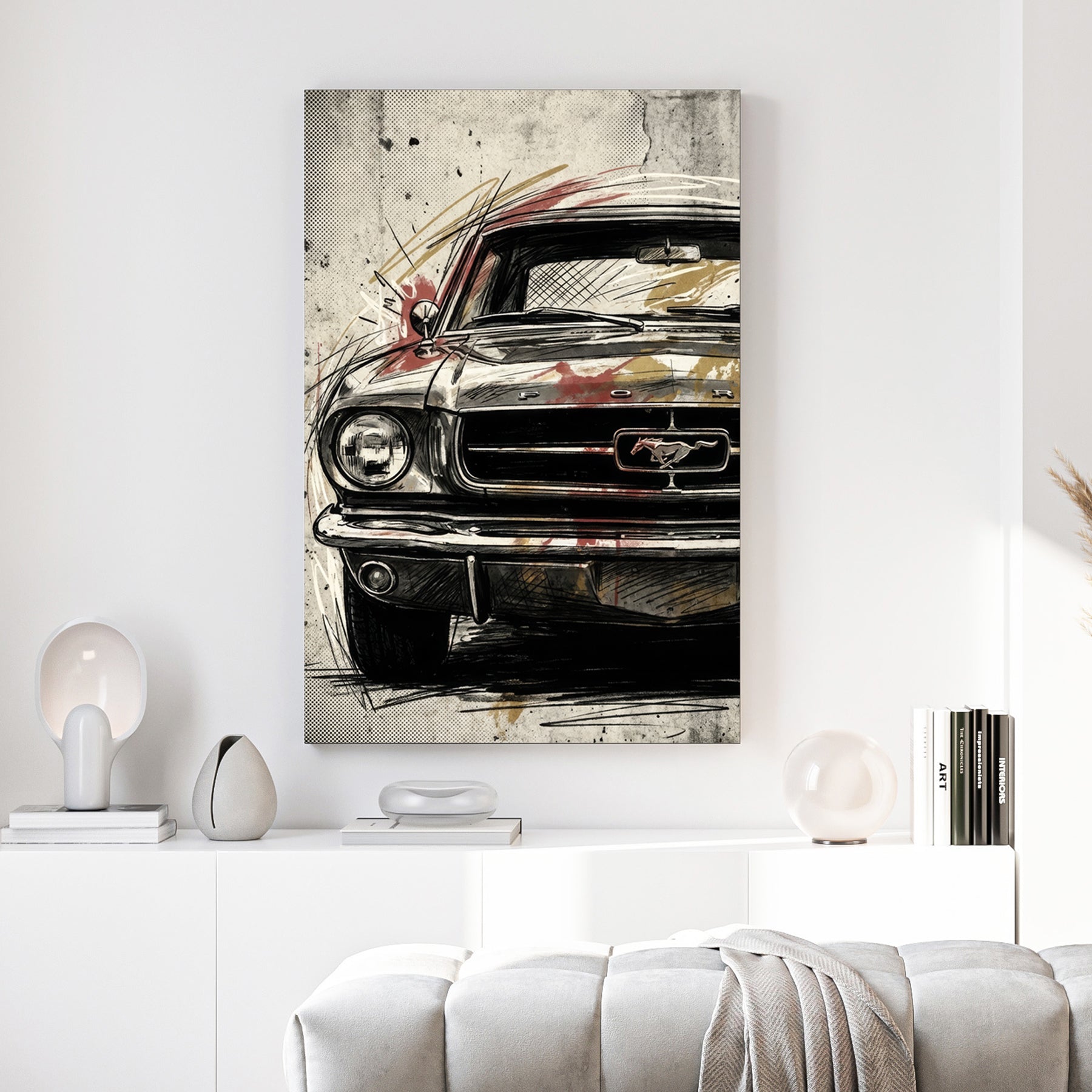 Vintage Ford Mustang street art wall art illustration with black ink and halftone patterns.