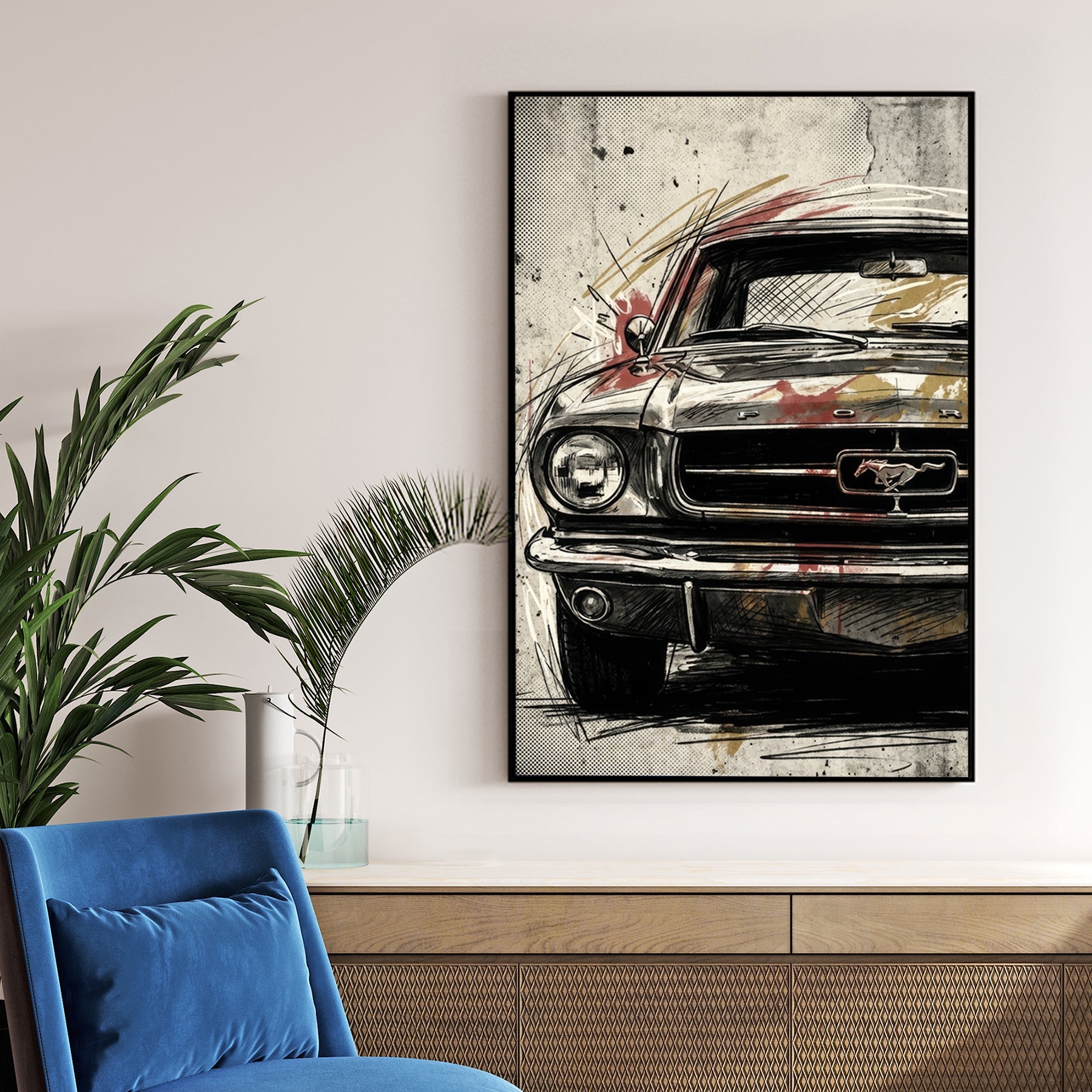 Vintage Ford Mustang street art wall art illustration with black ink and halftone patterns.