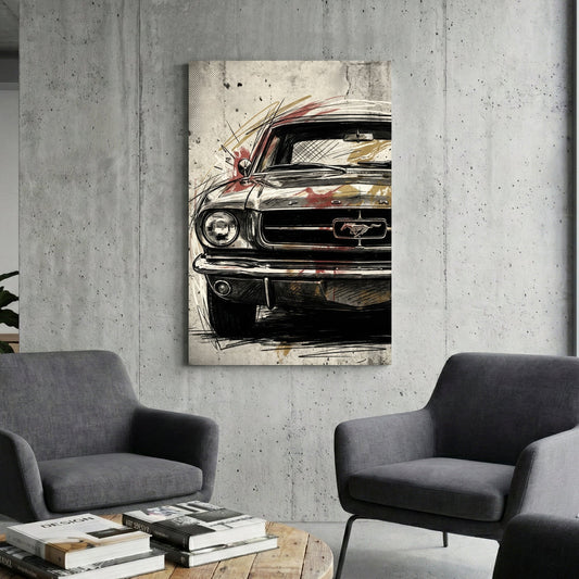 Vintage Ford Mustang street art wall art illustration with black ink and halftone patterns.