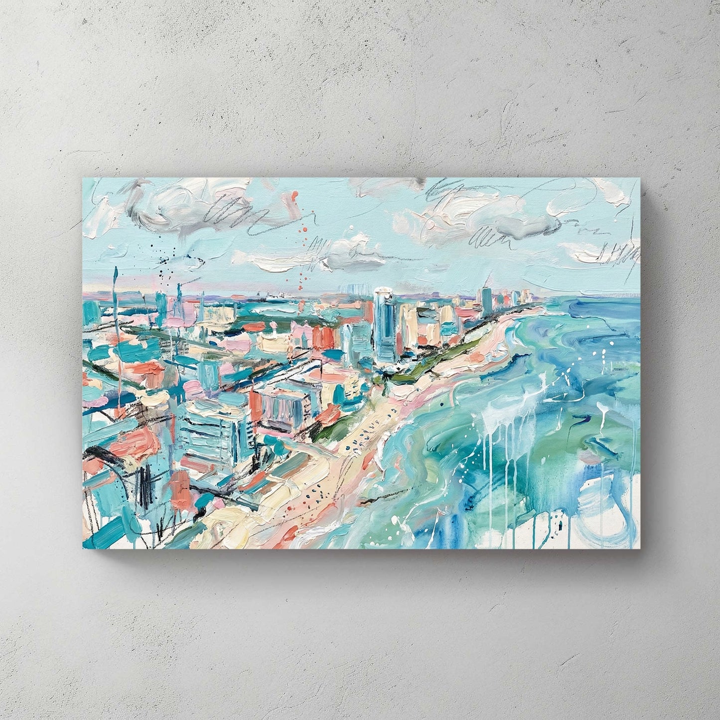 Impressionist Miami Beach skyline and turquoise ocean waves wall art.
