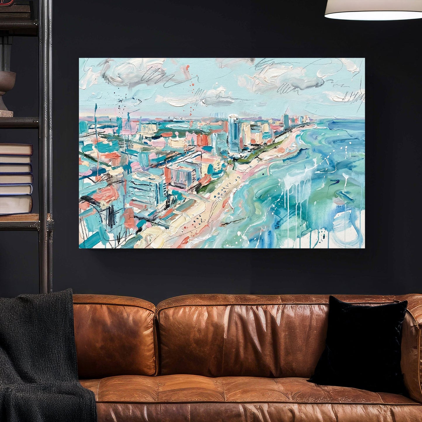 Impressionist Miami Beach skyline and turquoise ocean waves wall art.