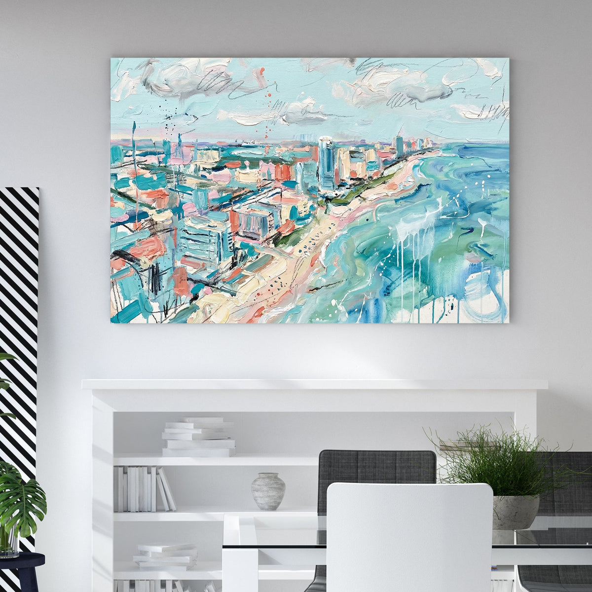 Impressionist Miami Beach skyline and turquoise ocean waves wall art.