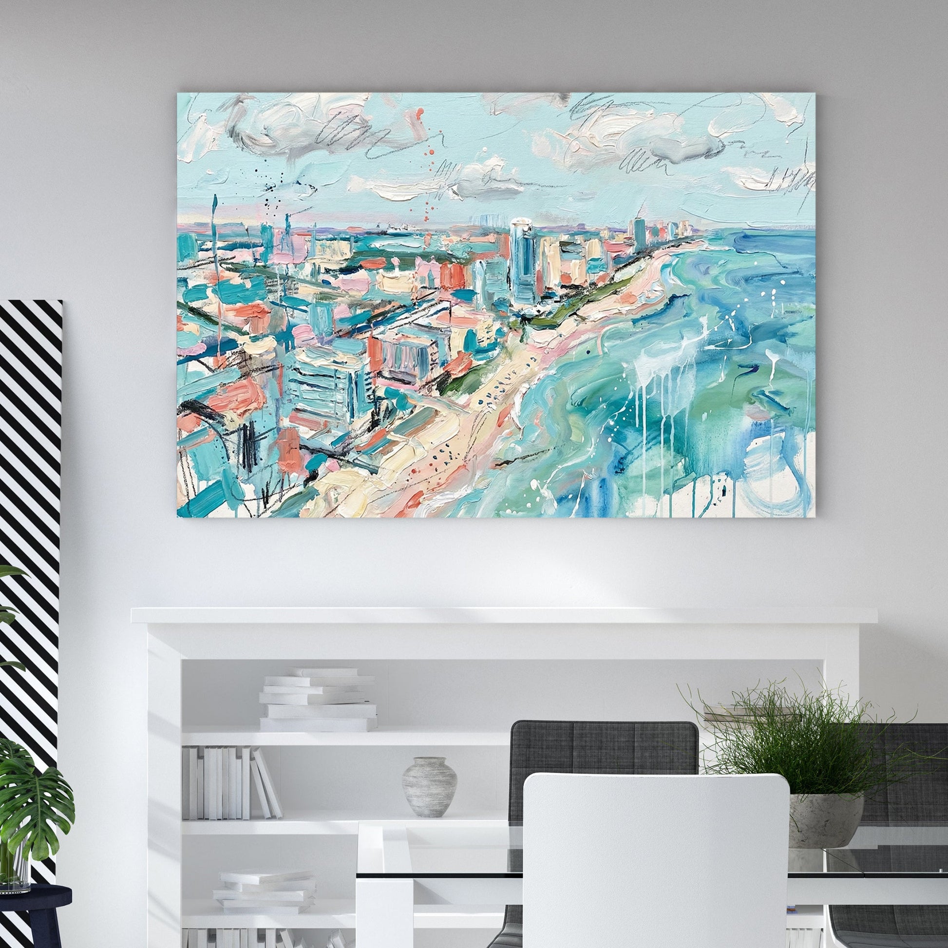 Impressionist Miami Beach skyline and turquoise ocean waves wall art.