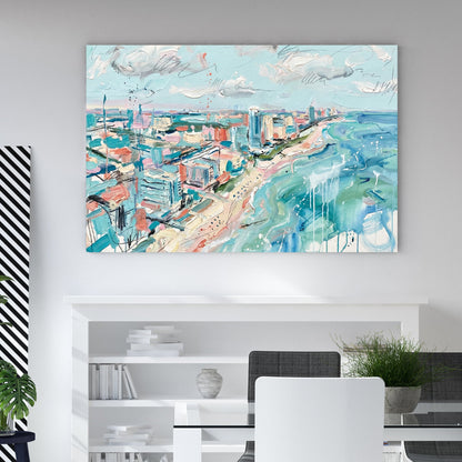 Impressionist Miami Beach skyline and turquoise ocean waves wall art.