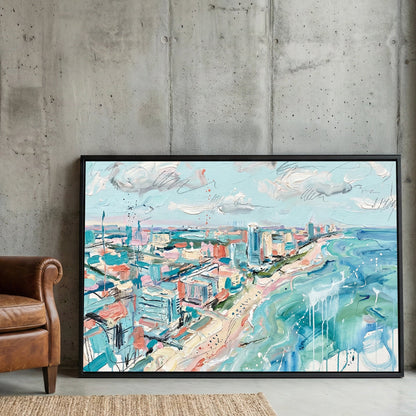 Impressionist Miami Beach skyline and turquoise ocean waves wall art.