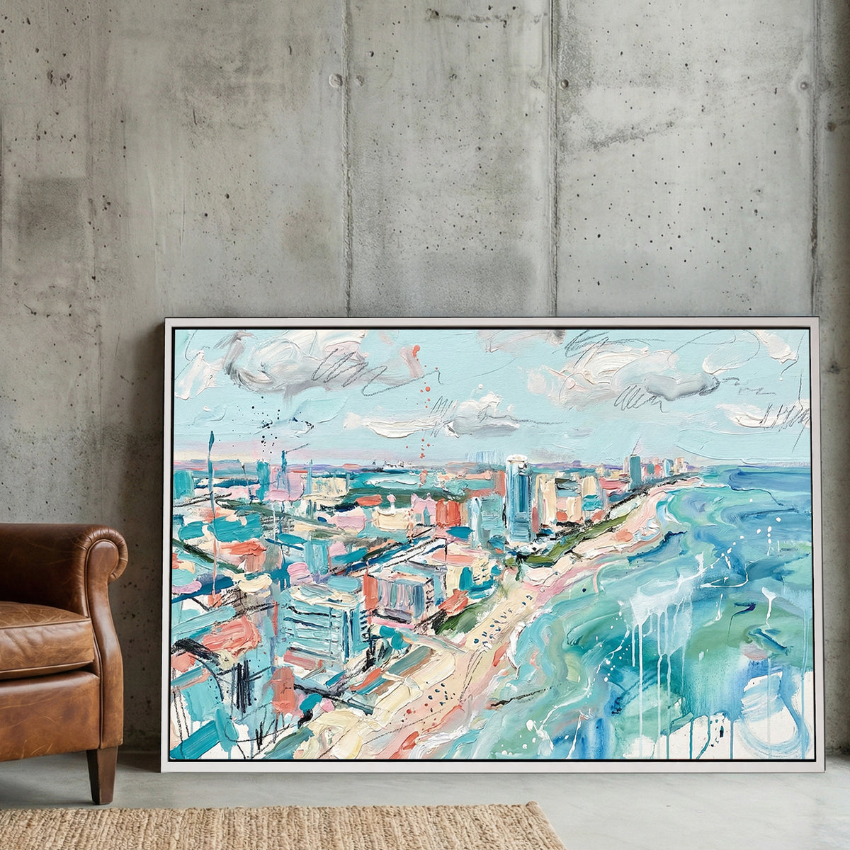 Impressionist Miami Beach skyline and turquoise ocean waves wall art.