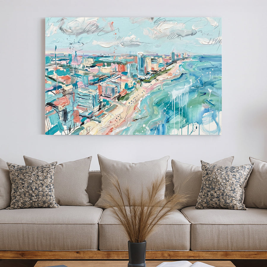 Impressionist Miami Beach skyline and turquoise ocean waves wall art.