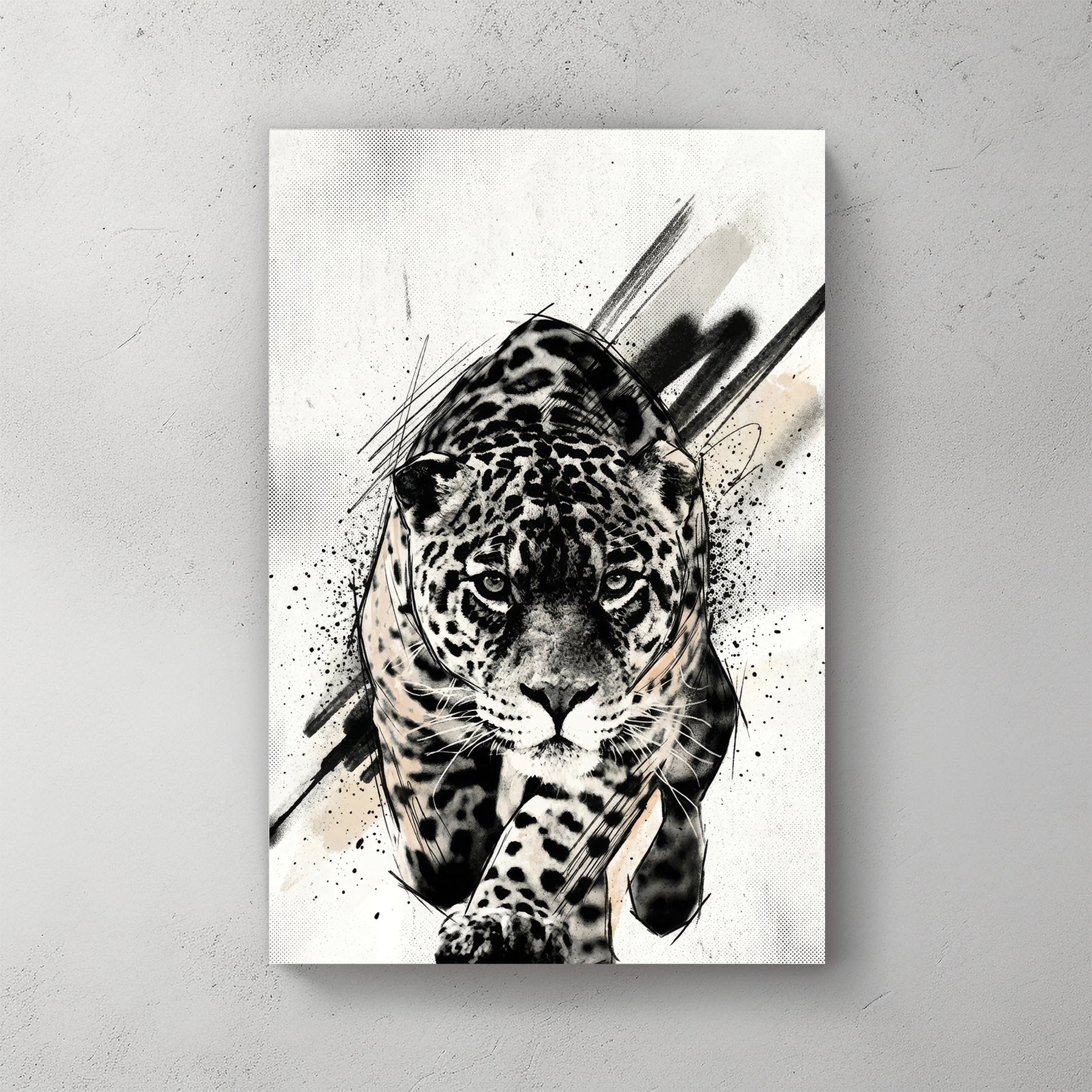 Black and white leopard street art wall art with gestural ink marks.